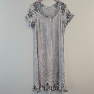 Vintage Boho Cottagecore Light Gray Floral Button-Front Midi Dress